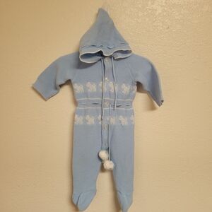 Blue Bird Light Blue Hooded Knit Footed One-Piece Vintage